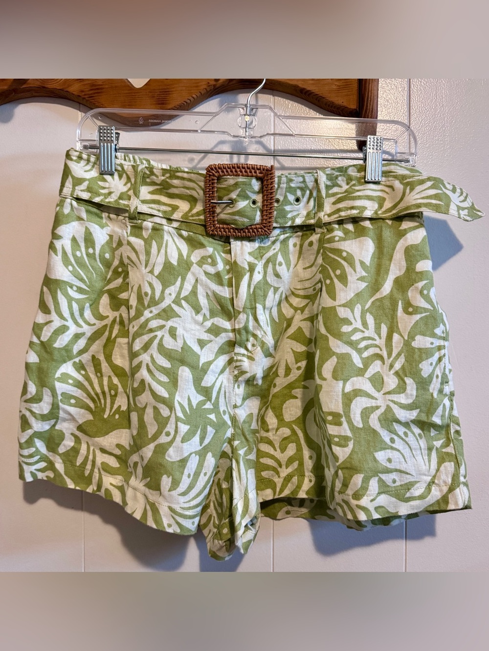 Rachel Zoe Green and White High-Waist Tropical Print Shorts with Woven Belt